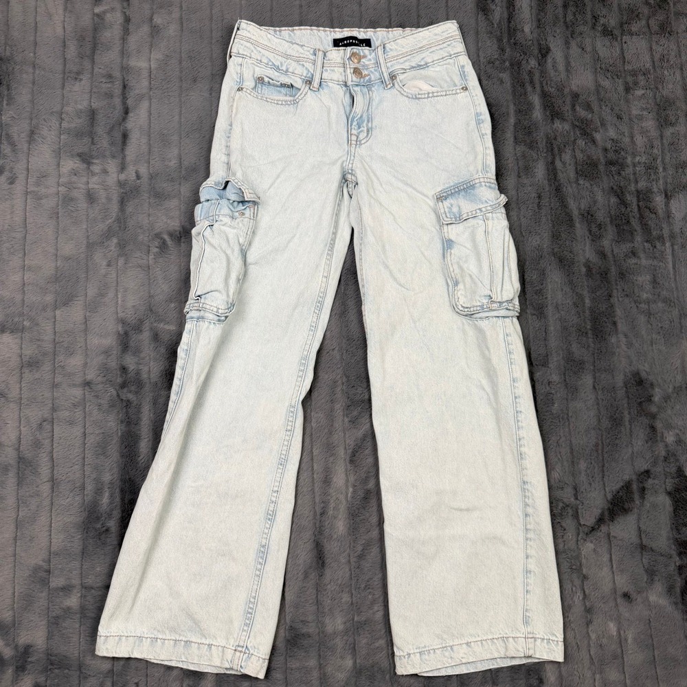 Aeropostale Baggy Wide Leg Cargo Jeans Light Wash Denim Womens 00R Utility Pants